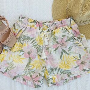 Linen Blend Tropical Print Shorts